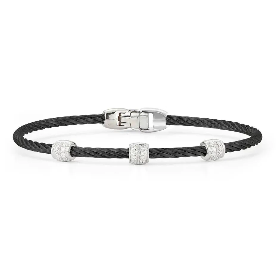 A'LOR Black Cable Triple Station Stackable Bracelet with 18k White Gold & Diamonds