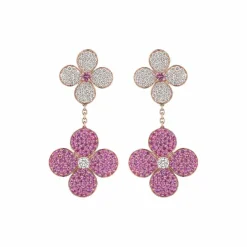Zadok Collection Double Flower Cluster Dangle Pink Sapphire And Diamond Earrings