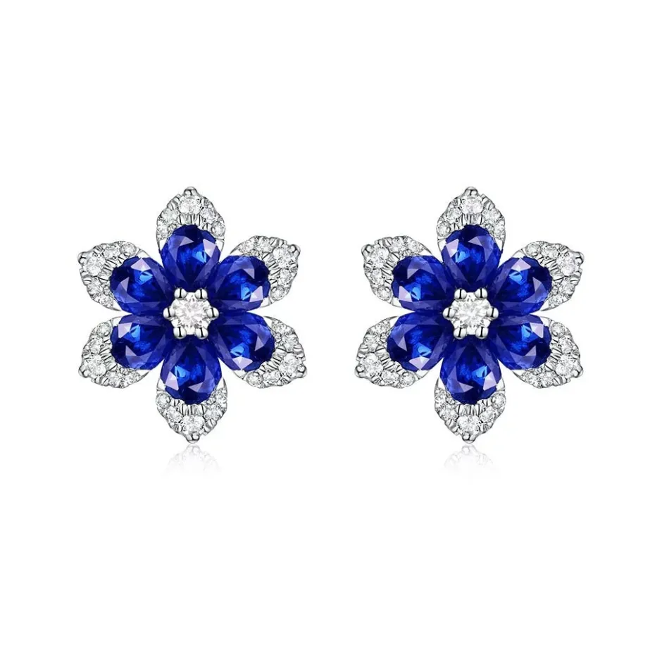Zadok Collection Flower Pave Stud 15mm Diamond And Blue Sapphire Earrings