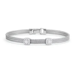 A'LOR Grey Cable Classic Stackable Bracelet with Double Square Station set in 18k White Gold