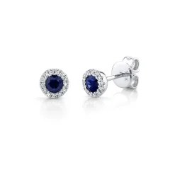 Zadok Collection Halo Round Stud Diamond And Blue Sapphire Earrings