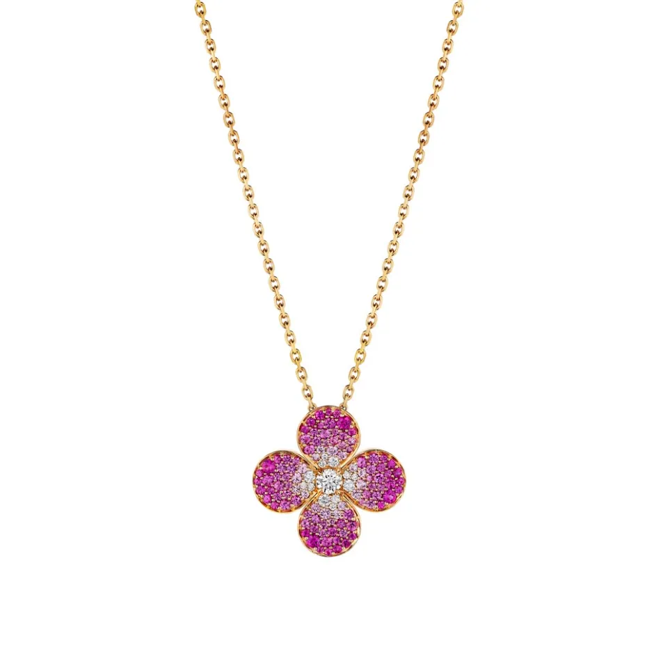 Zadok Collection Rose Gold Necklace With Clover Shaped Pink Sapphire And Diamond Pendant