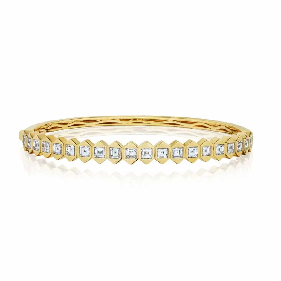 Zadok Collection Yellow Gold Geometric Bracelet With 3.05ctw Bezel Set Asscher Diamonds Bangle